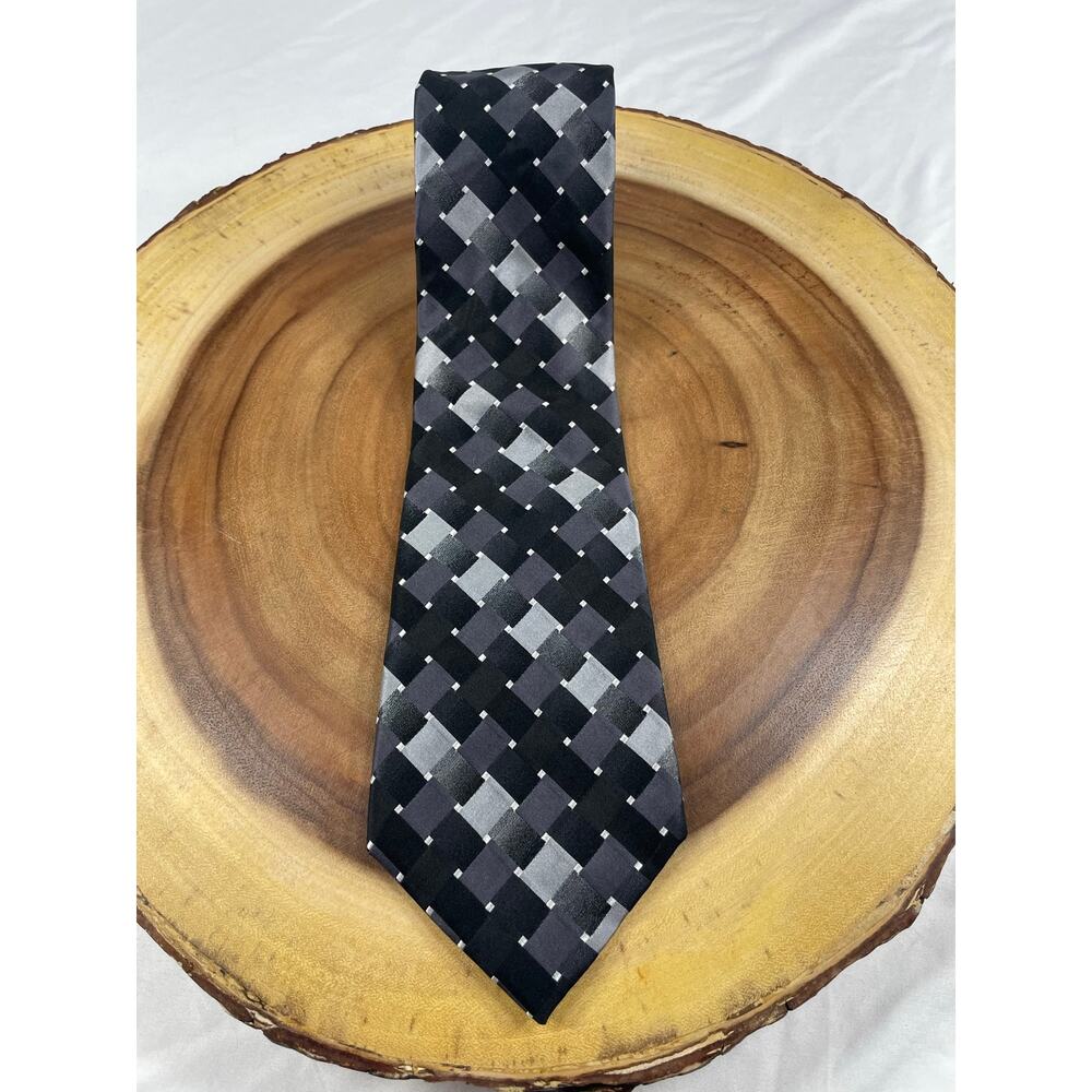 John Ashford Geometric Black Grey Silk Tie Stain Resistant Men's OS Classic
